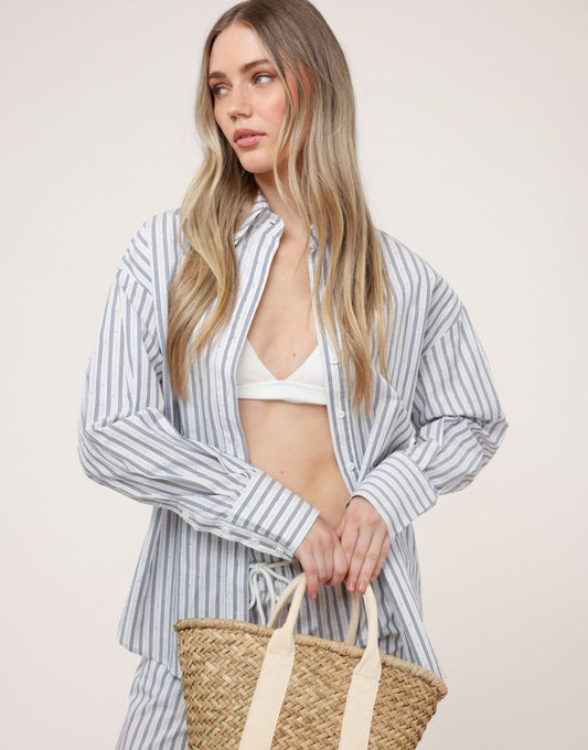 Blauwe Gestreepte Oversized Strass Steentjes - Blouse - Olivia & Kate