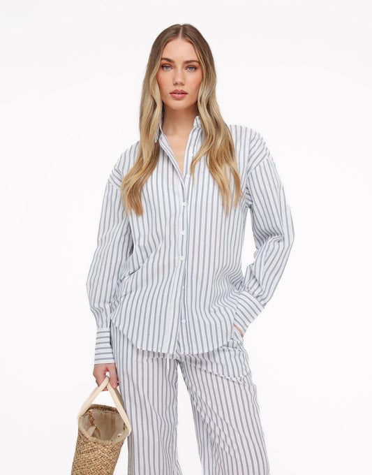 Blauwe Gestreepte Oversized Strass Steentjes - Blouse - Olivia & Kate