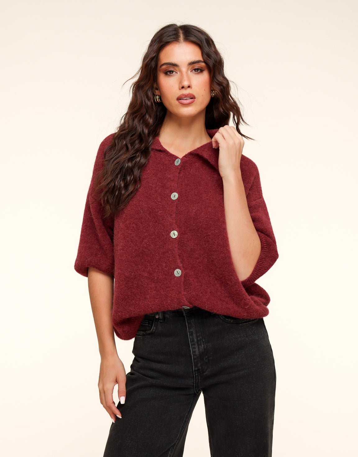 Bordeaux Gebreide Knopen Kraag - Top - Olivia & Kate