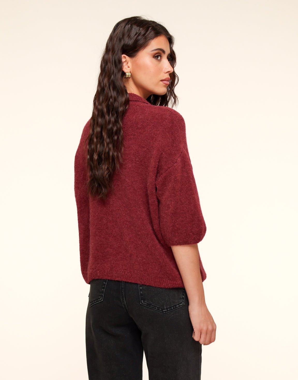 Bordeaux Gebreide Knopen Kraag - Top - Olivia & Kate