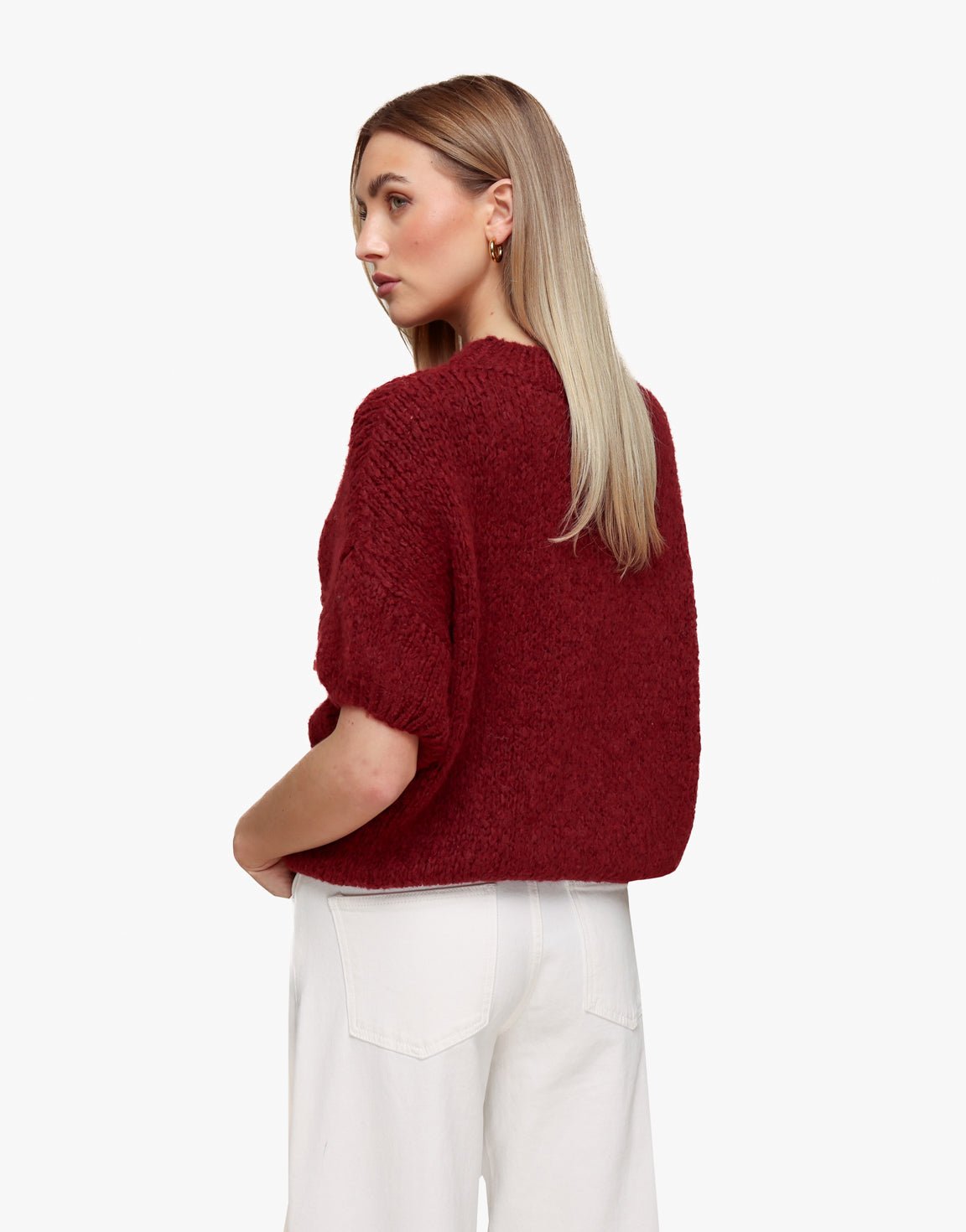 Bordeaux Gebreide Wollen 3/4 Mouwen - Trui - Olivia & Kate