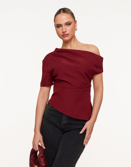 Bordeaux Gedrapeerde Off Shoulder SS - Top - Olivia & Kate