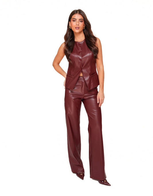 Bordeaux PU Leather High Buttons - Gilet - Olivia & Kate