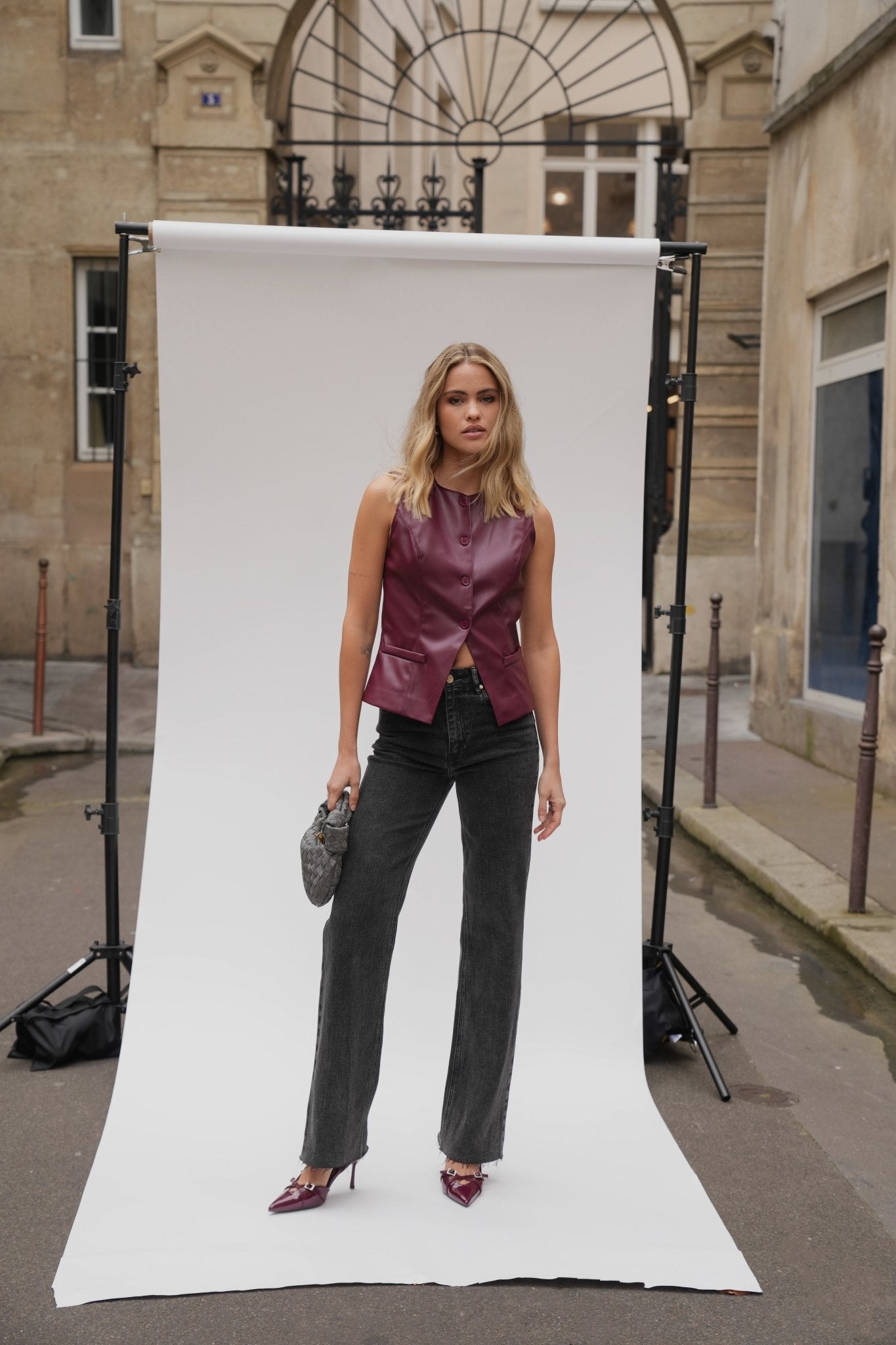 Bordeaux PU Leather High Buttons - Gilet - Olivia & Kate