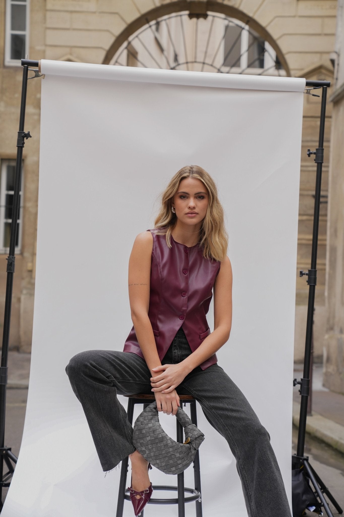 Bordeaux PU Leather High Buttons - Gilet - Olivia & Kate