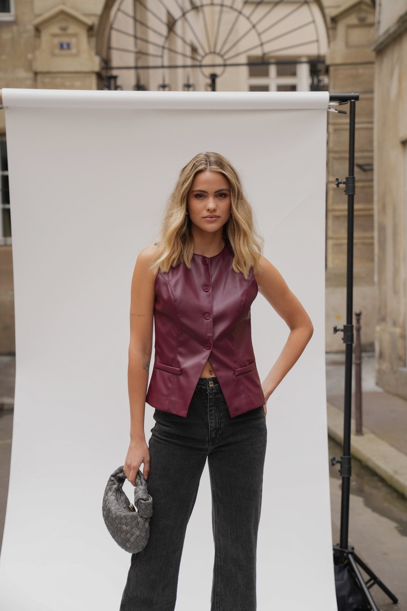 Bordeaux PU Leather High Buttons - Gilet - Olivia & Kate