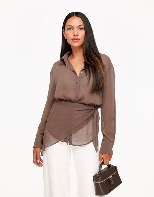 Bruine Doorschijnende Wikkel - Blouse - Olivia & Kate