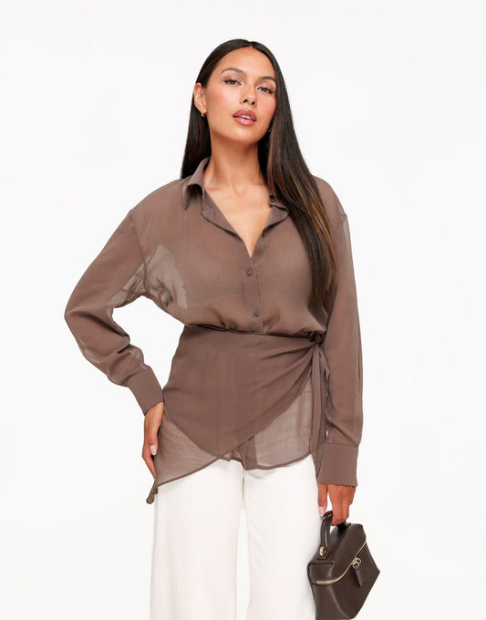 Bruine Doorschijnende Wikkel - Blouse - Olivia & Kate