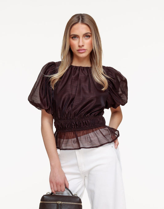Bruine Doorzichtige Stretchy Ballonmouwen - Top - Olivia & Kate