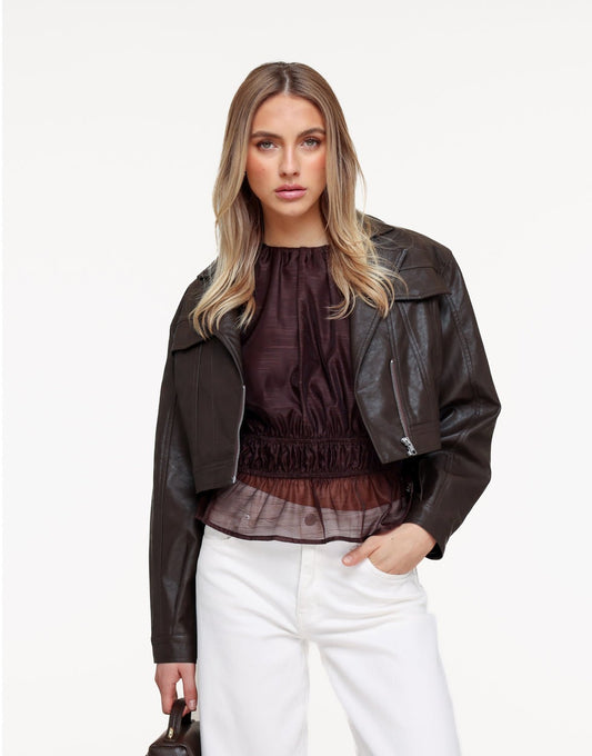 Bruine Doorzichtige Stretchy Ballonmouwen - Top - Olivia & Kate