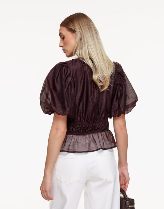 Bruine Doorzichtige Stretchy Ballonmouwen - Top - Olivia & Kate