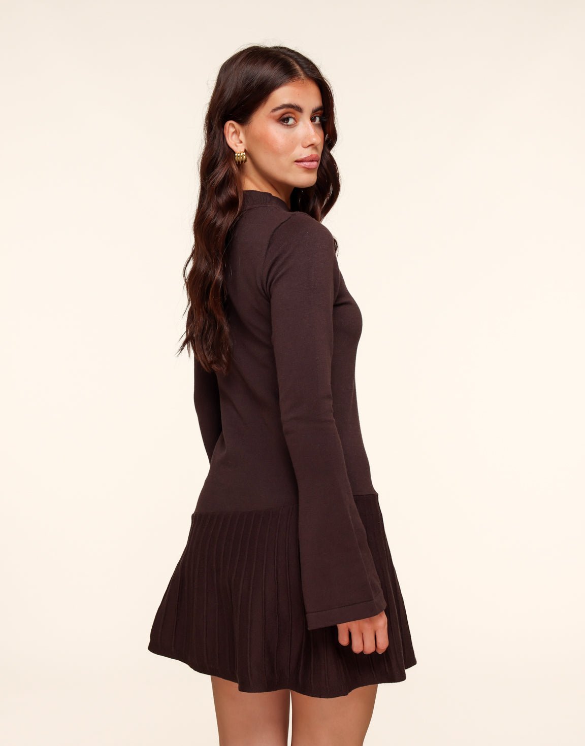 Bruine Gebreide Aangesloten Plooien - Jurk - Olivia & Kate