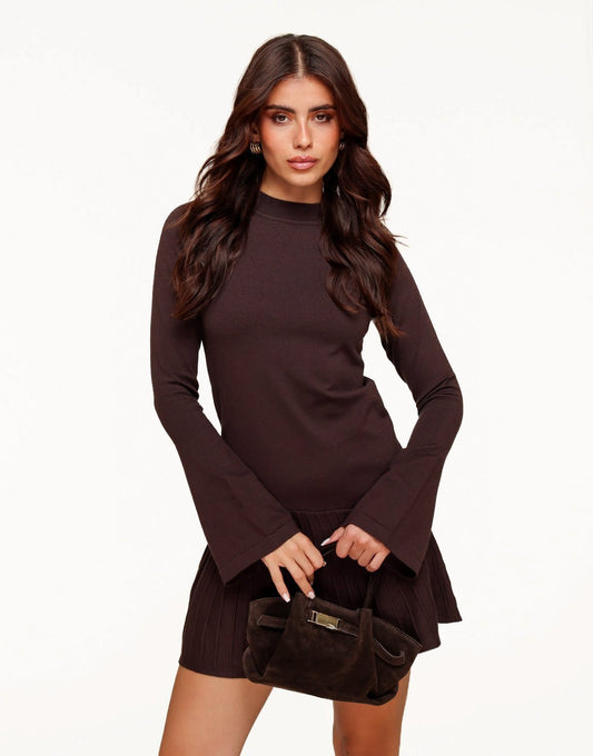 Bruine Gebreide Aangesloten Plooien - Jurk - Olivia & Kate