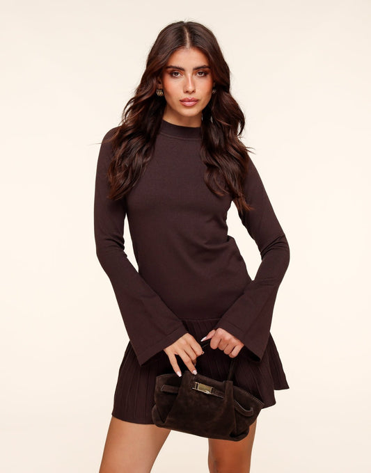 Bruine Gebreide Aangesloten Plooien - Jurk - Olivia & Kate