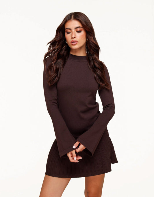 Bruine Gebreide Aangesloten Plooien - Jurk - Olivia & Kate