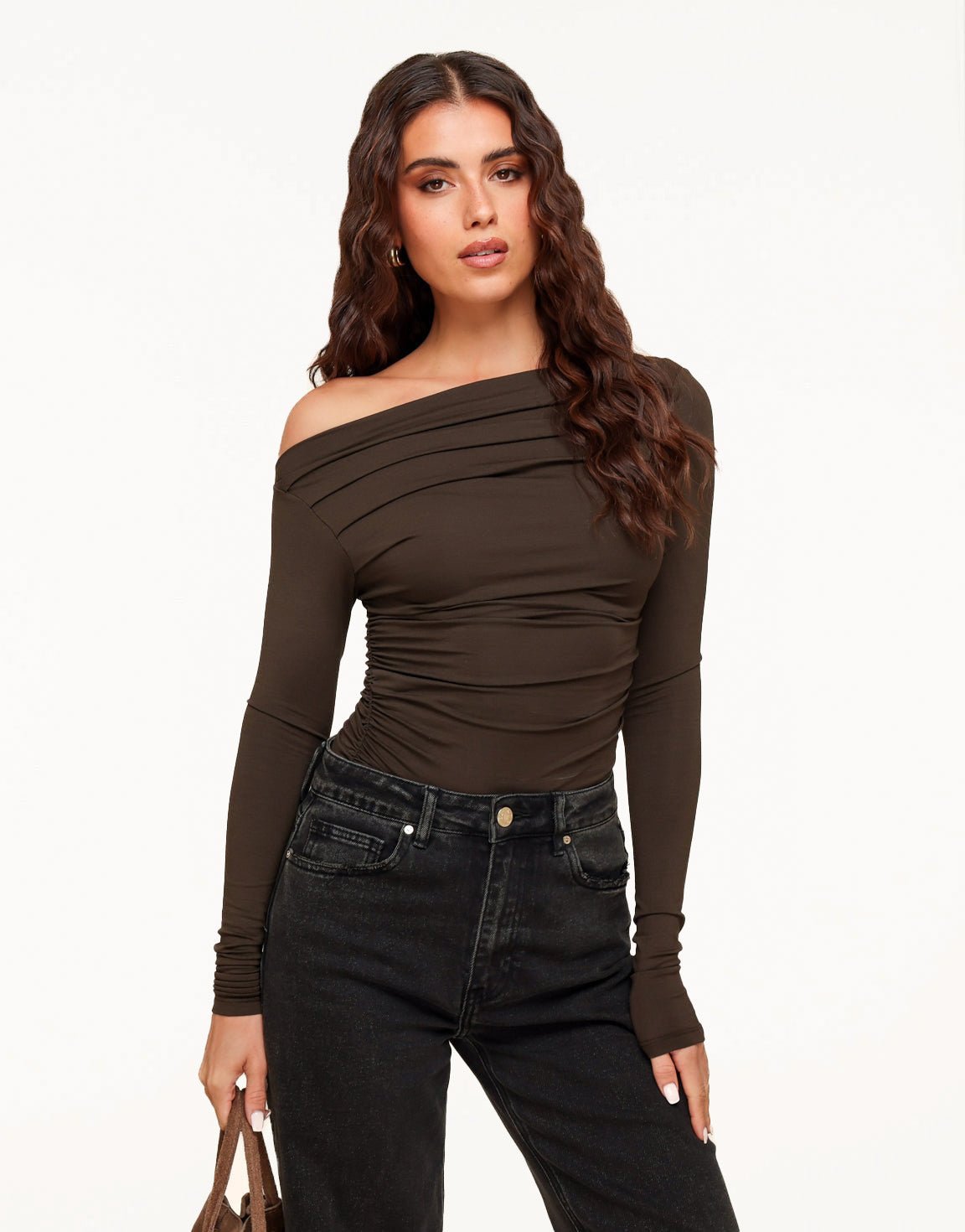 Bruine Gedrapeerde Off Shoulder - Top - Olivia & Kate