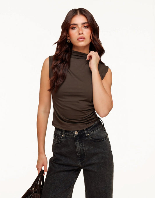 Brown Pleated Turtleneck SS - Top - Olivia & Kate