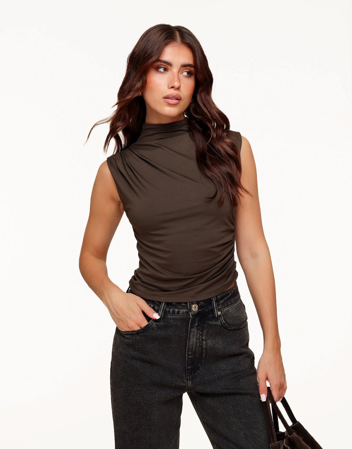 Brown Pleated Turtleneck SS - Top - Olivia & Kate