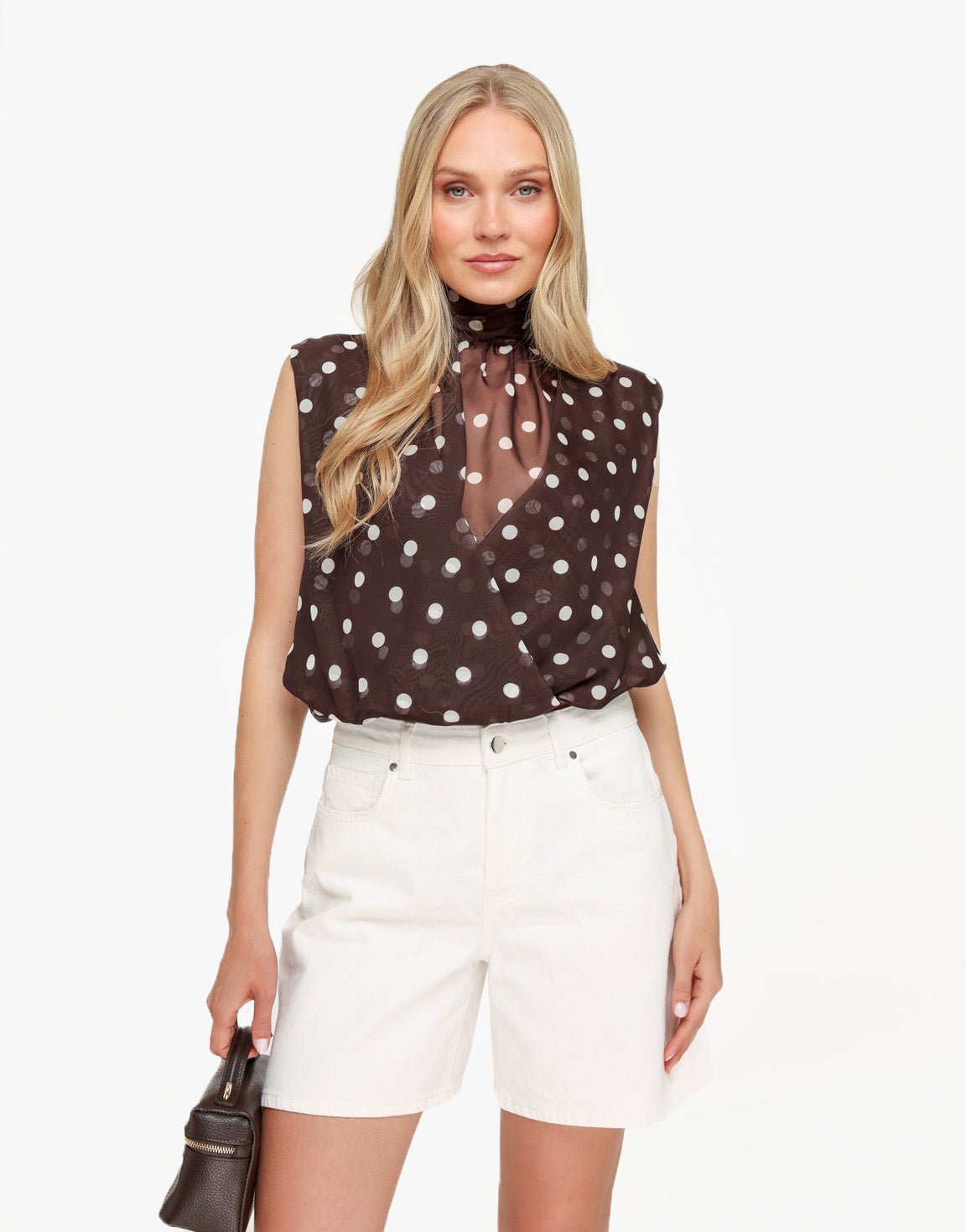 Bruine Hoge Hals Doorzichtige Polkadot - Top | Olivia & Kate