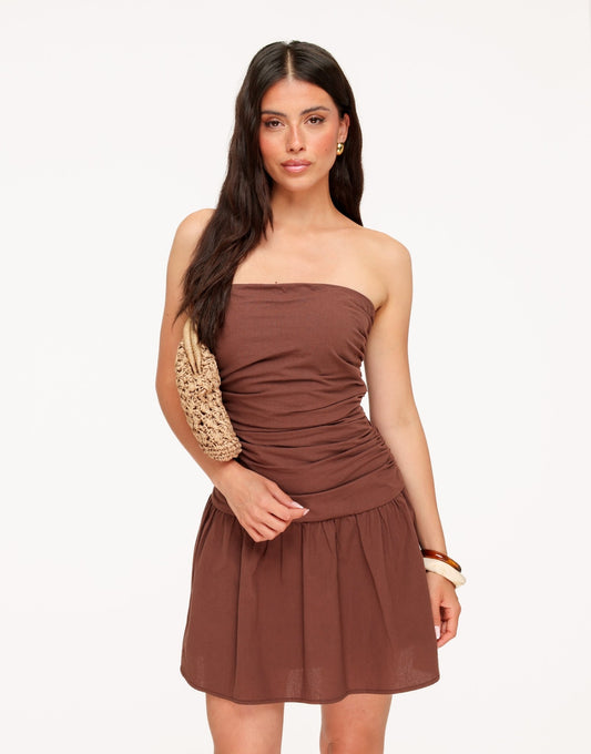 Bruine Katoenen Strapless - Jurk - Olivia & Kate