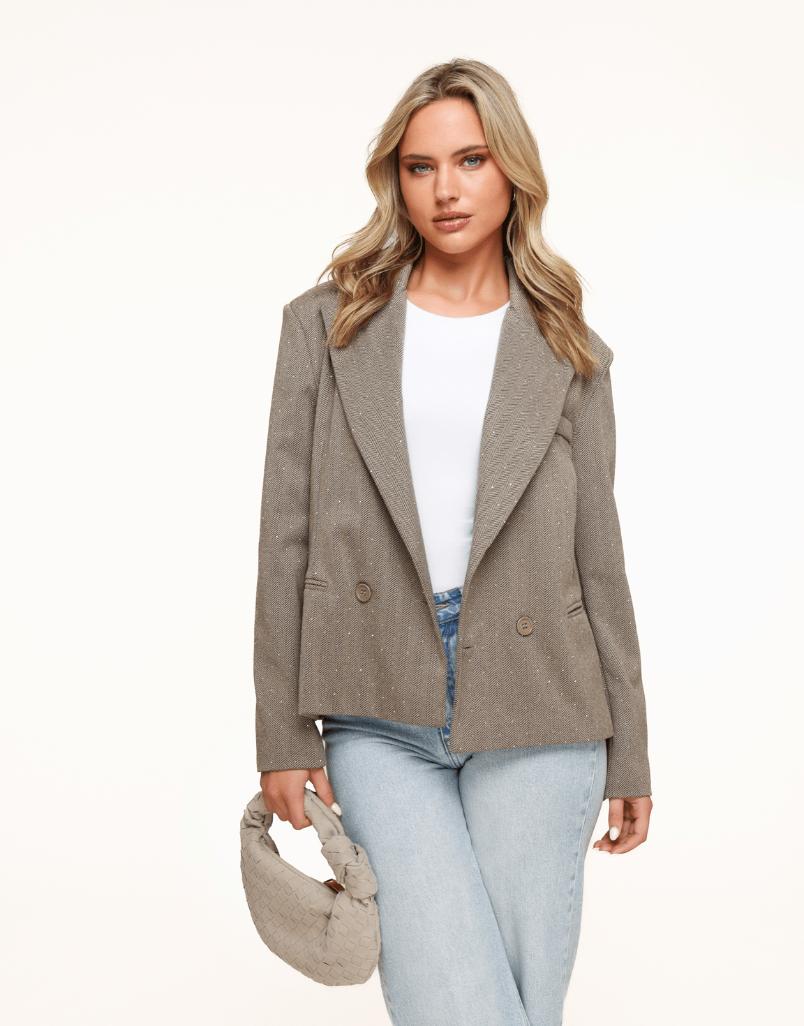 Bruine Korte Geruiten Glitter Stenen - Blazer - Olivia & Kate