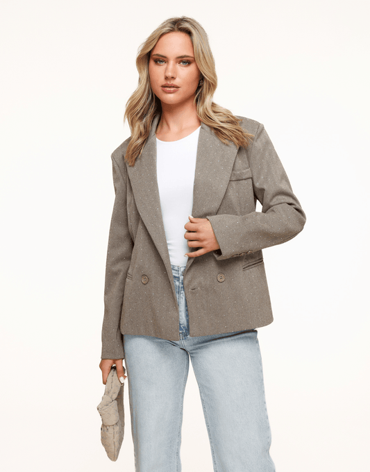 Bruine Korte Geruiten Glitter Stenen - Blazer - Olivia & Kate