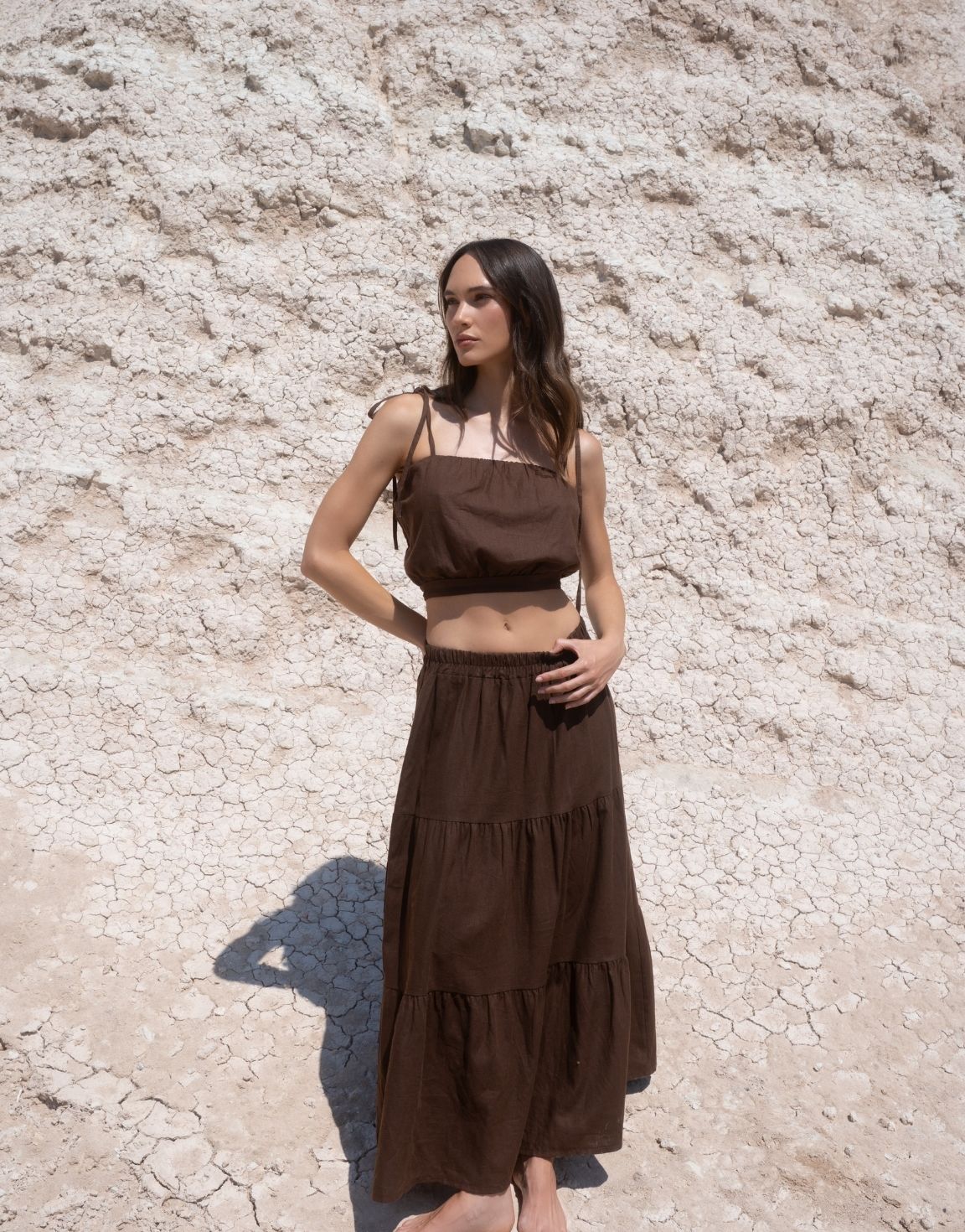 Bruine Linnen Mouwloze Cropped Wijde Maxi - Set - Olivia & Kate