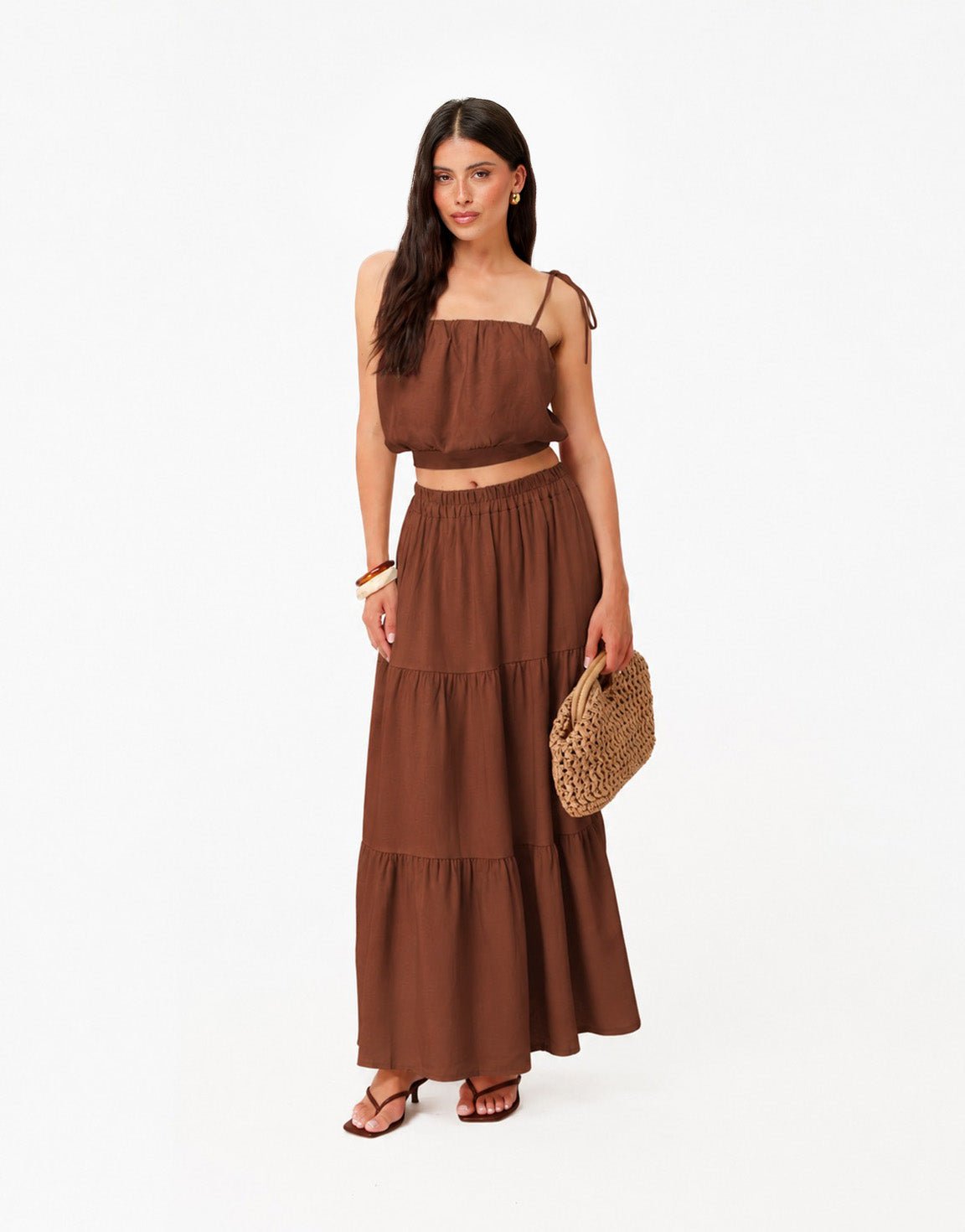 Bruine Linnen Mouwloze Cropped Wijde Maxi - Set - Olivia & Kate