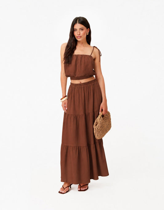 Bruine Linnen Mouwloze Cropped Wijde Maxi - Set - Olivia & Kate