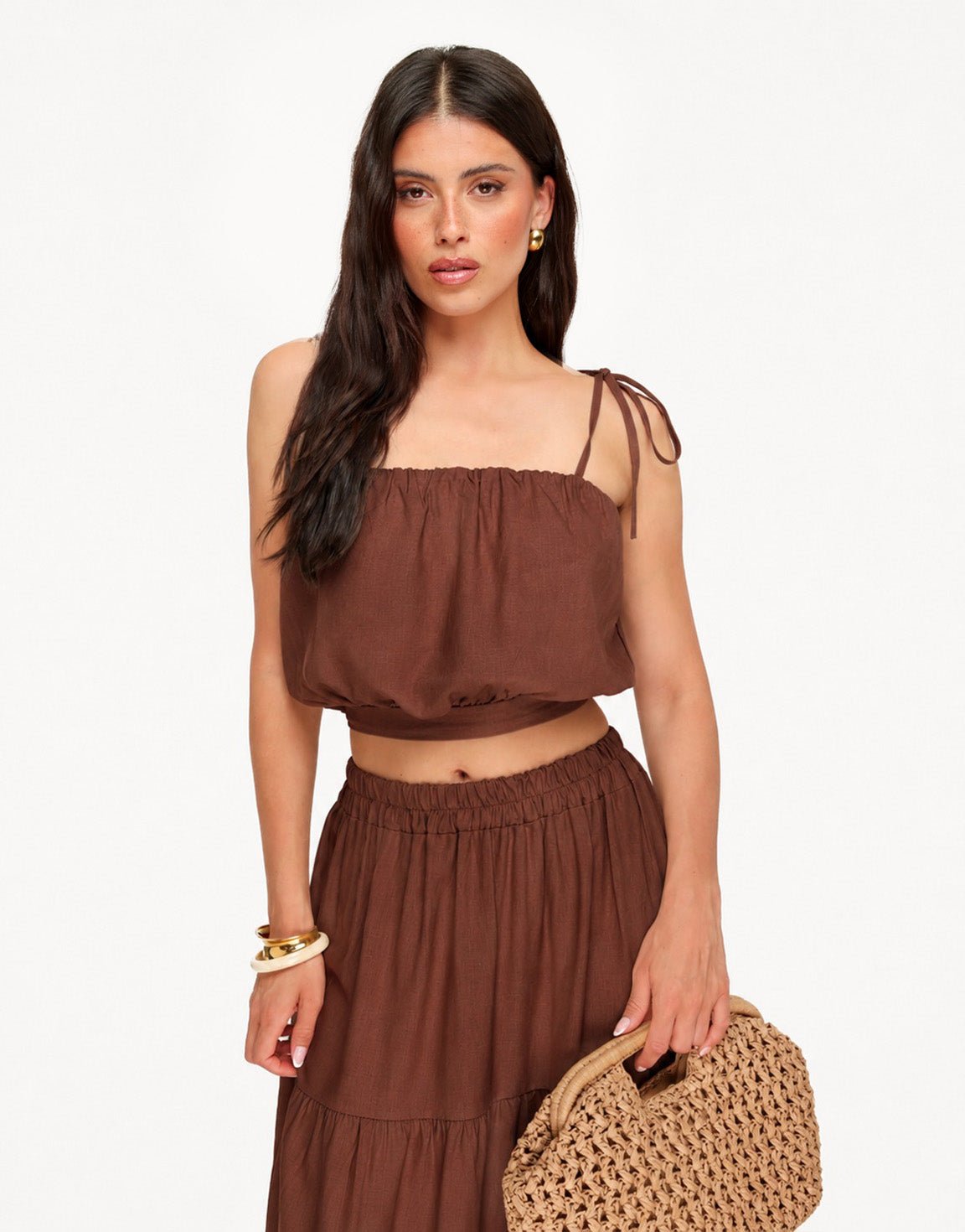Bruine Linnen Mouwloze Cropped Wijde Maxi - Set - Olivia & Kate