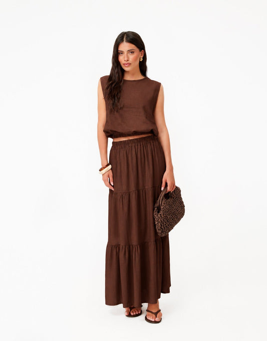 Bruine Linnen Mouwloze Wijde Maxi - Set - Olivia & Kate