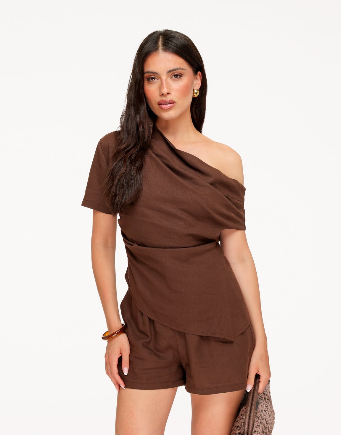 Bruine Linnen Off Shoulder SS - Top - Olivia & Kate