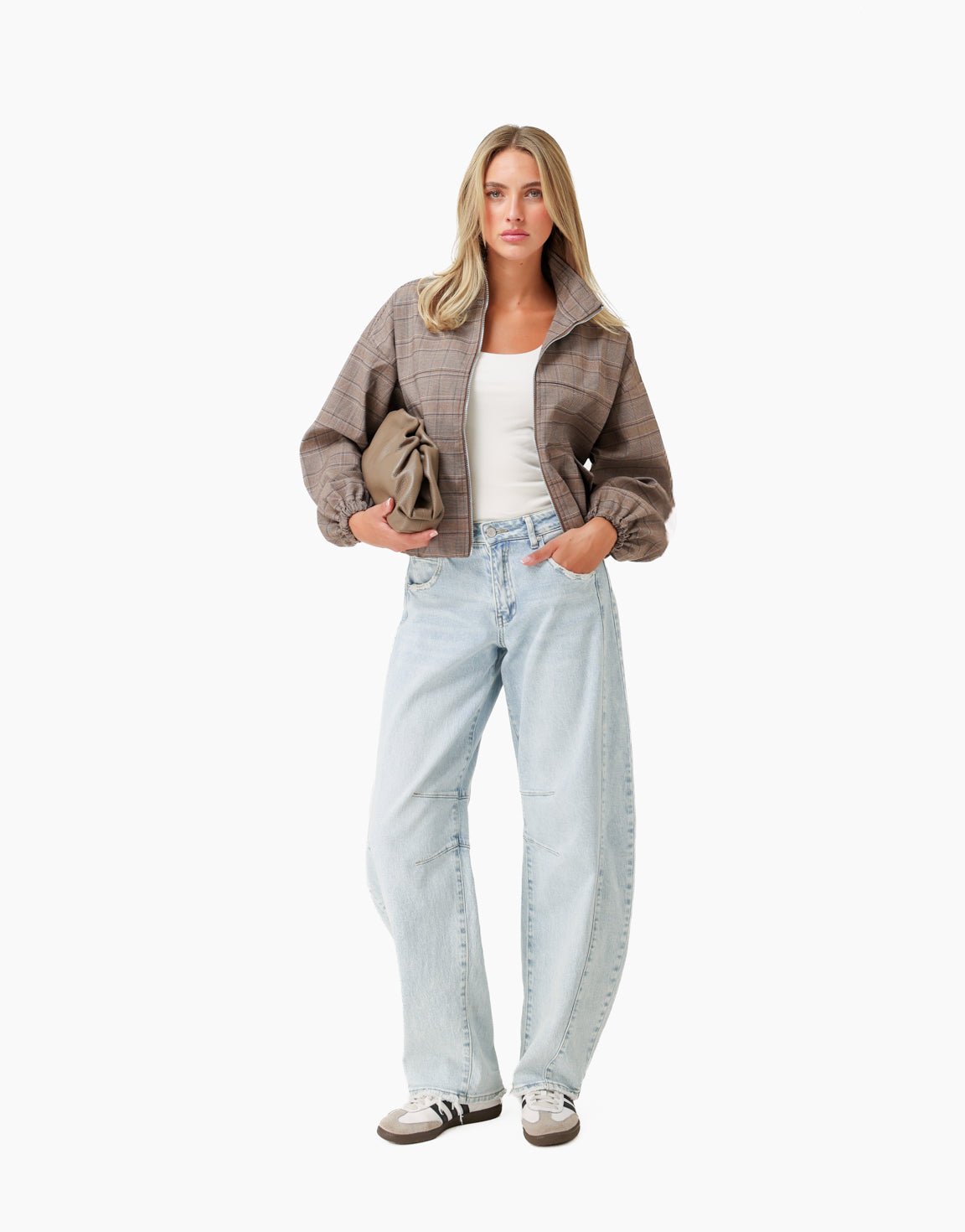 Bruine Luxe Geruiten Puffy Elastische Onderkant - Jas - Olivia & Kate