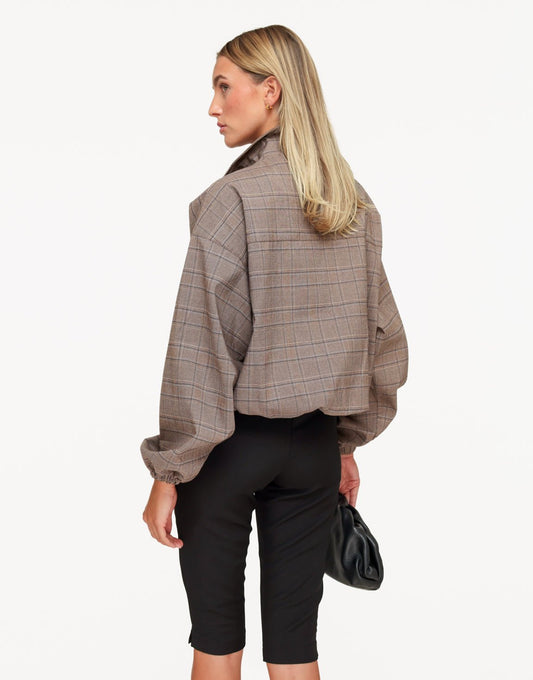 Bruine Luxe Geruiten Puffy Elastische Onderkant - Jas - Olivia & Kate