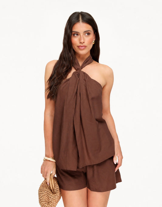 Bruine Mouwloze Linnen Halter - Set - Olivia & Kate