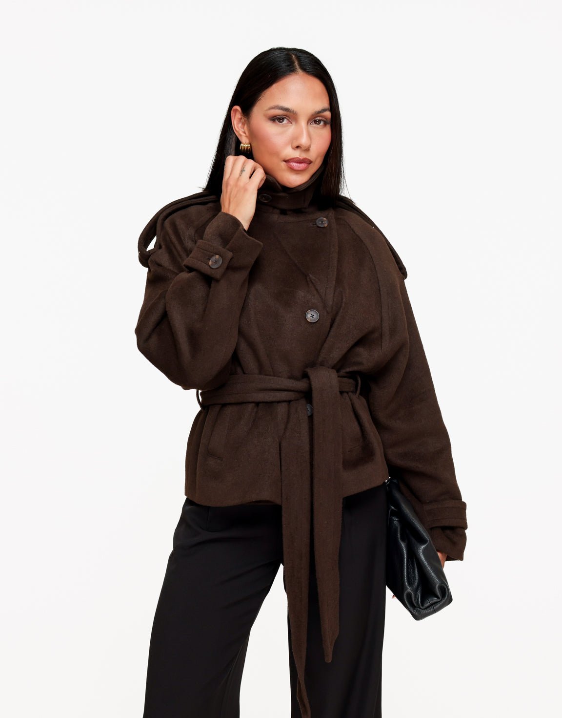 Bruine Oversized Kraag Ceintuur - Jas - Olivia & Kate