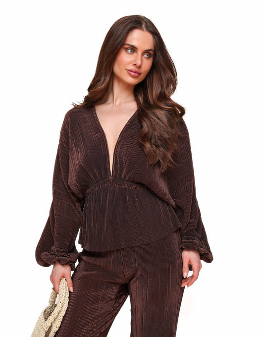 Bruine Plisse V - hals - Top - Olivia & Kate