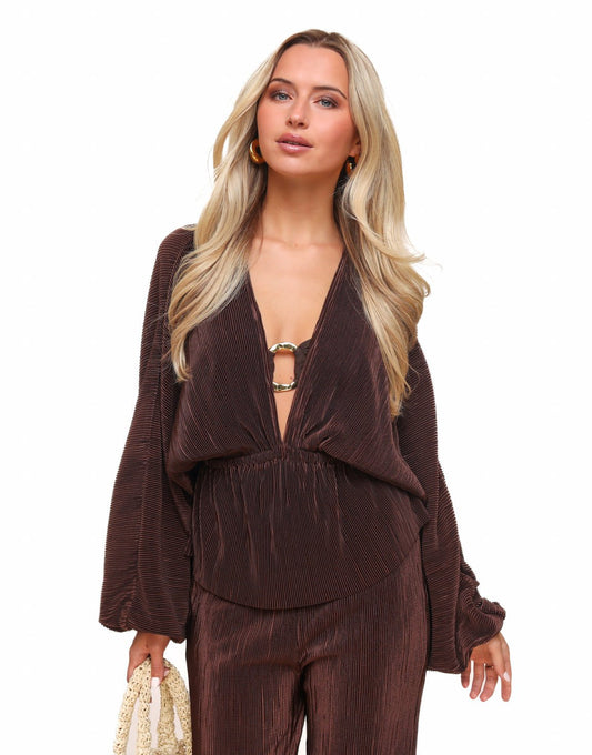 Bruine Plisse V - hals - Top - Olivia & Kate