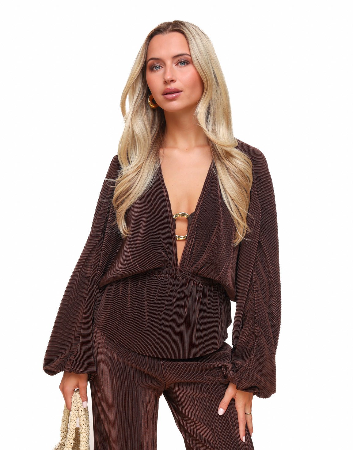 Bruine Plisse V - hals - Top - Olivia & Kate