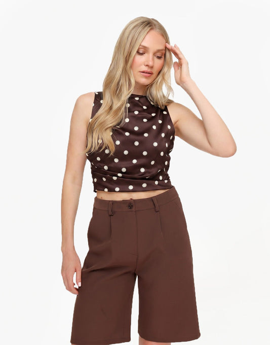 Bruine Polkadot Satijnen Open Rug - Top - Olivia & Kate