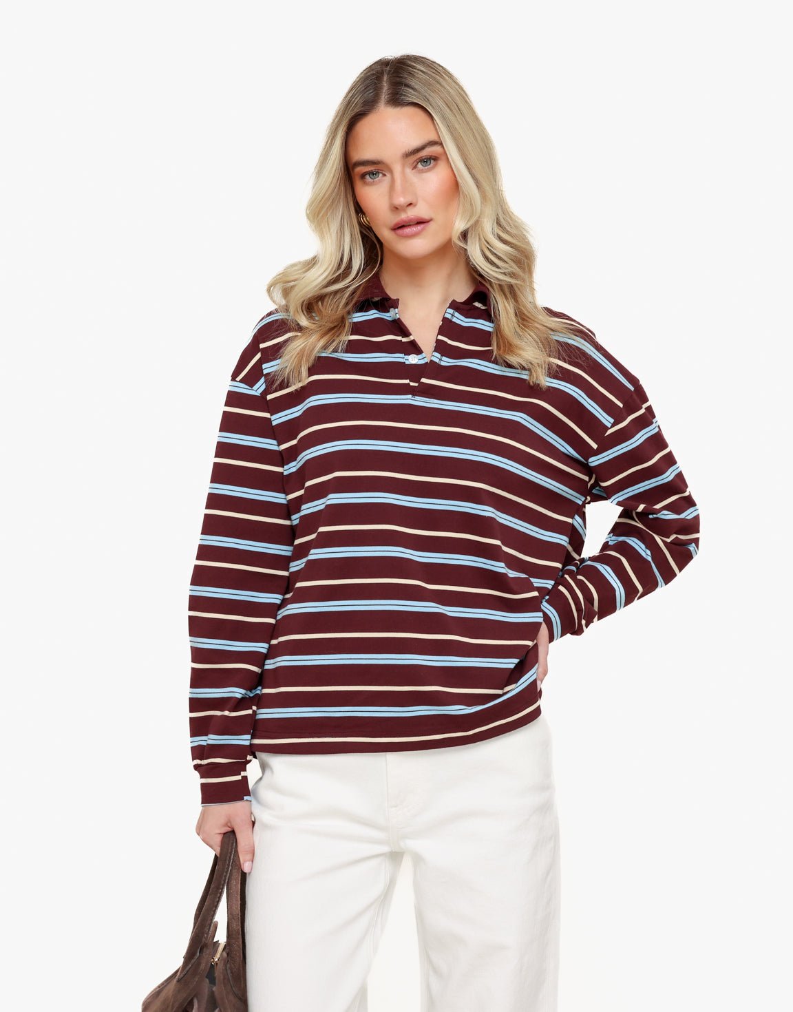 Burgundy Gestreepte Kraag - T-shirt - Olivia & Kate