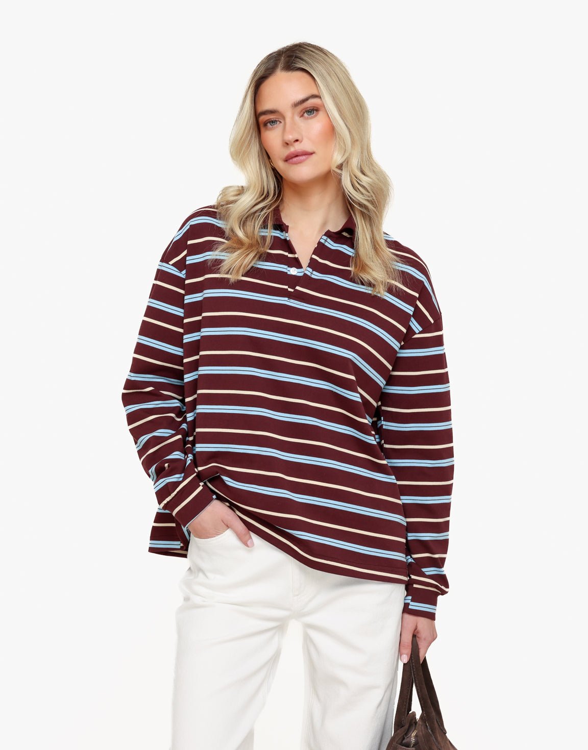 Burgundy Gestreepte Kraag - T-shirt - Olivia & Kate