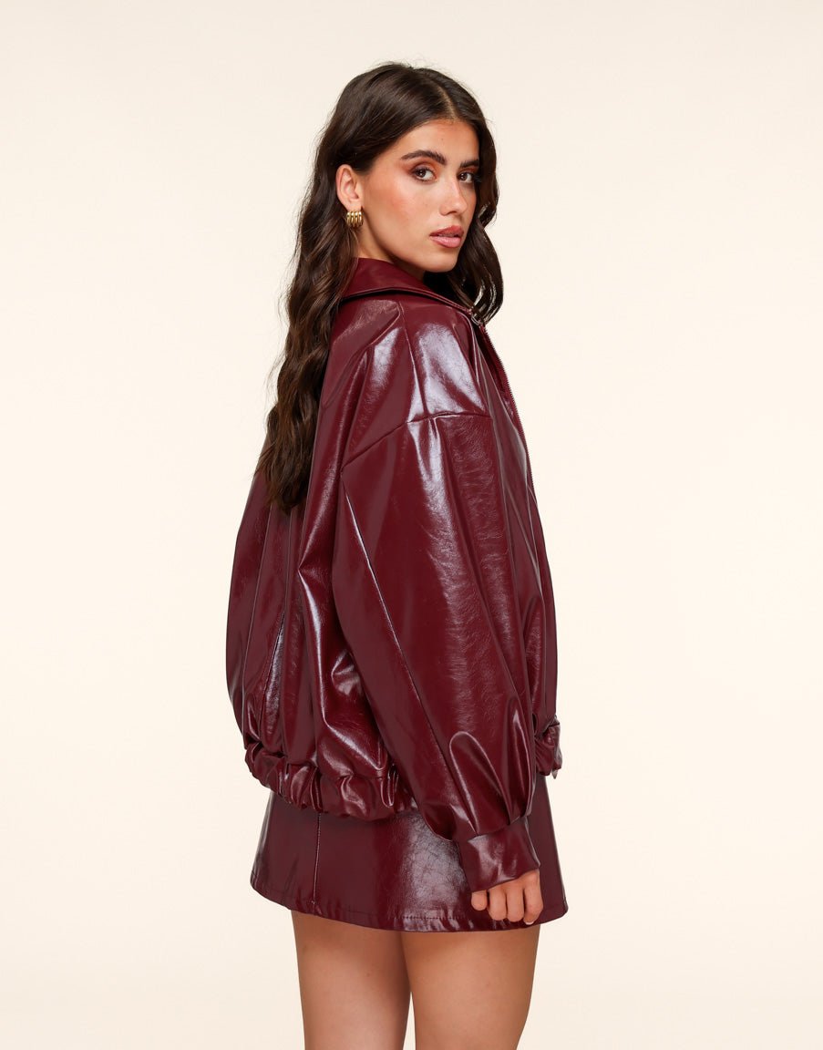 Burgundy Glanzende PU Leren Bomber - Jas - Olivia & Kate
