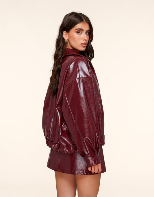 Burgundy Glanzende PU Leren Bomber - Jas - Olivia & Kate