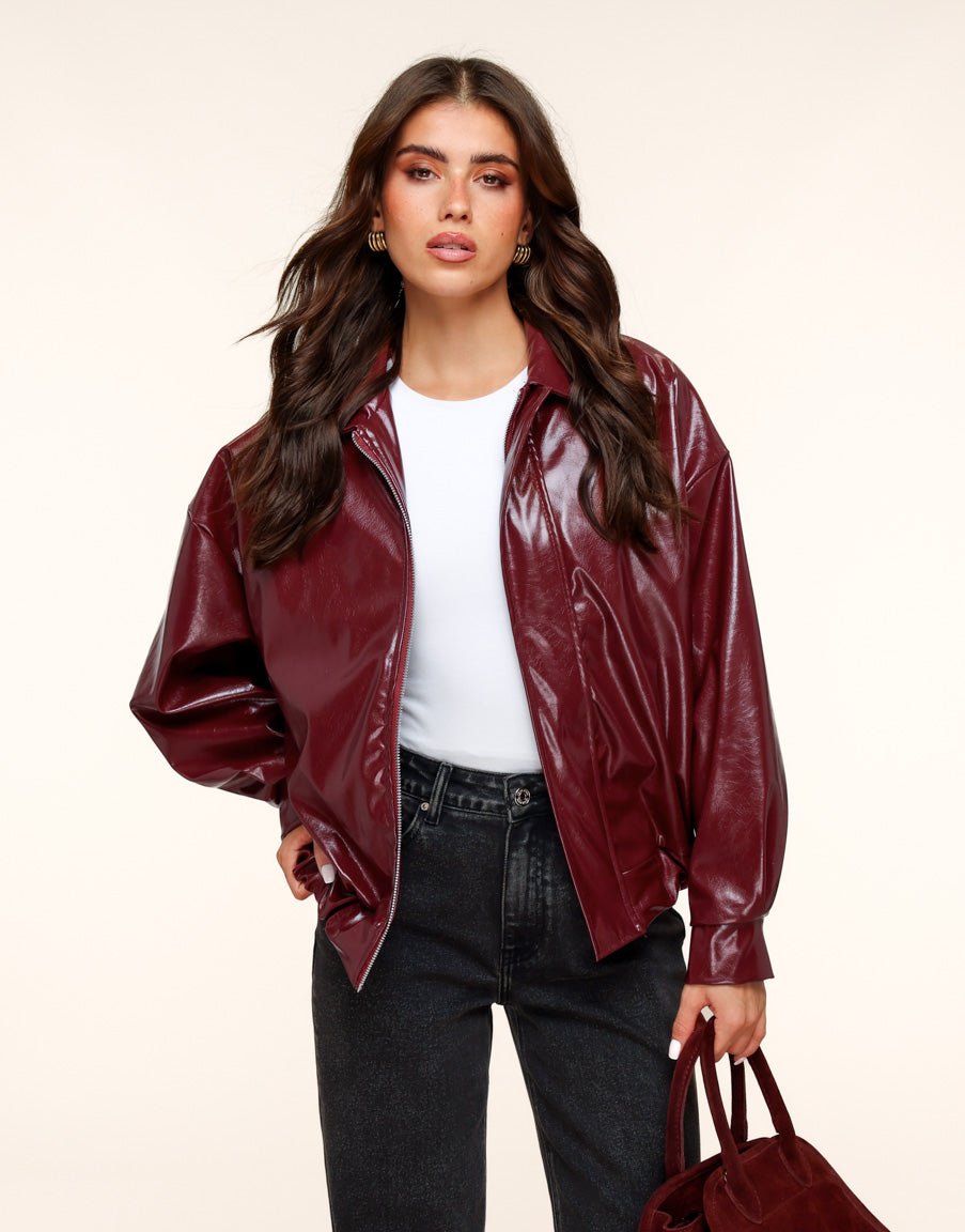 Burgundy Glanzende PU Leren Bomber - Jas - Olivia & Kate