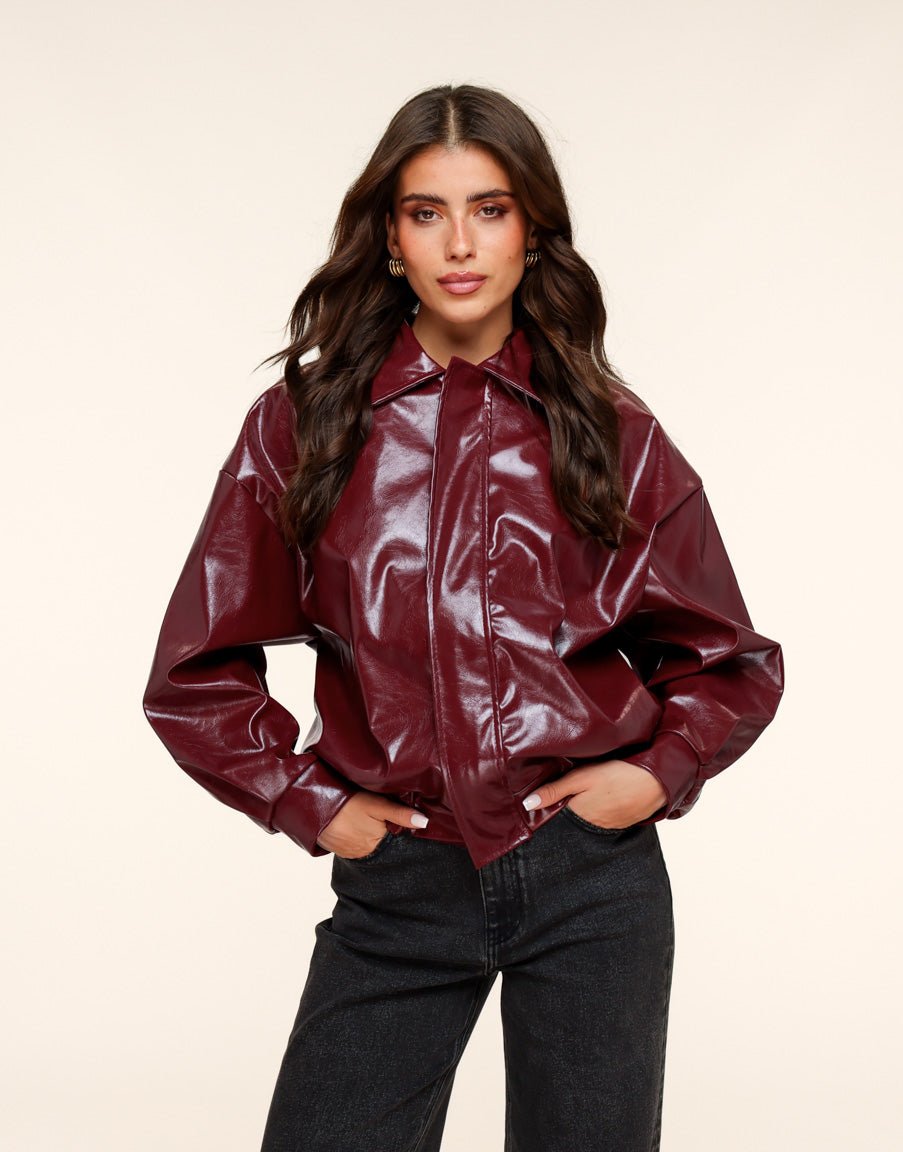 Burgundy Glanzende PU Leren Bomber - Jas - Olivia & Kate