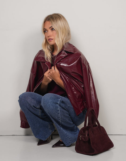 Burgundy Glanzende PU Leren Bomber - Jas - Olivia & Kate