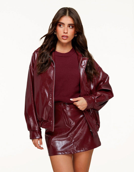 Burgundy Glanzende PU Leren Bomber - Jas - Olivia & Kate