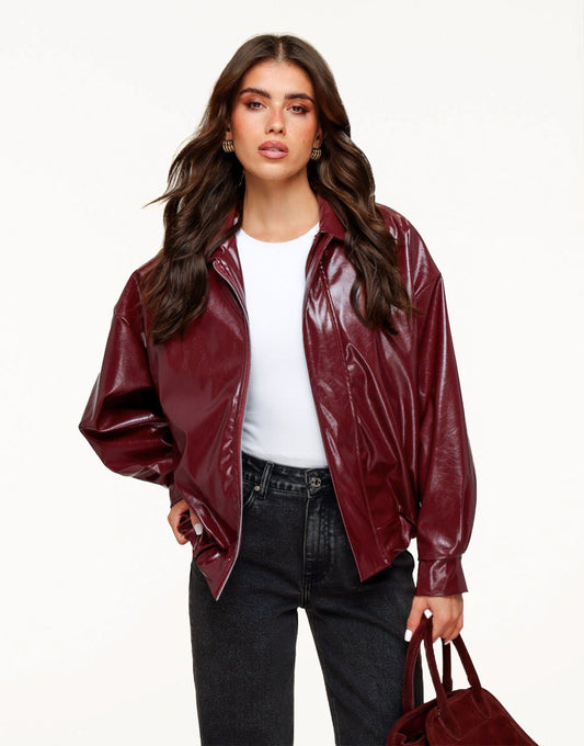 Burgundy Glanzende PU Leren Bomber - Jas - Olivia & Kate