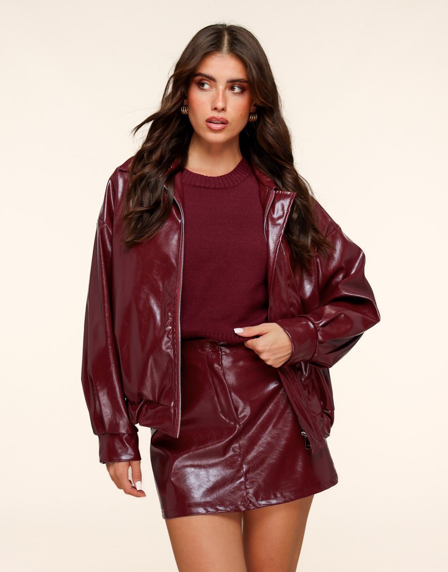 Burgundy Glanzende PU Leren Bomber - Jas - Olivia & Kate